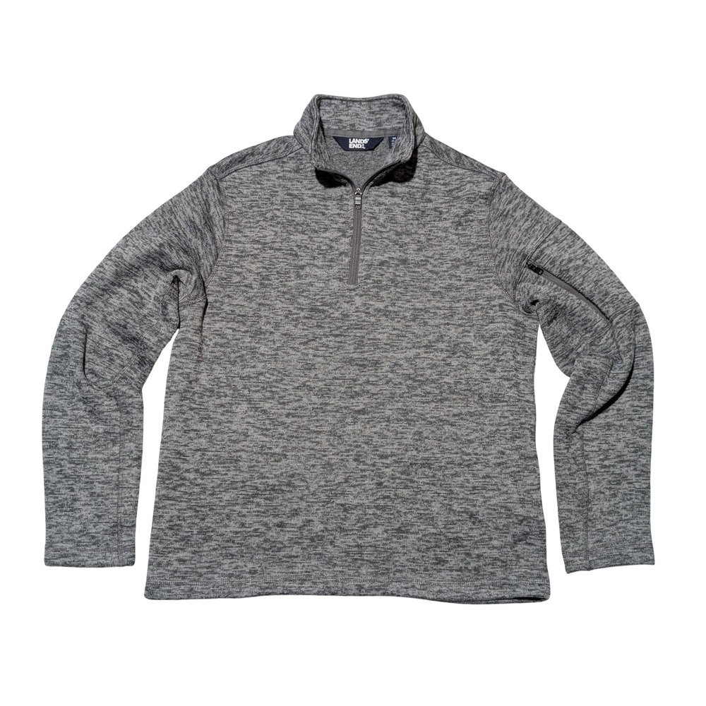 Lands End Pullover Mens M Gray Heather Quarter Zip Sweater Fleece Sleeve Pocket